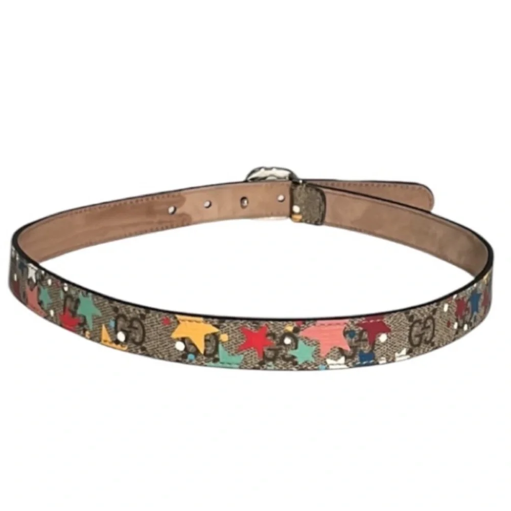Authentic Gucci luxury designer signature GG star print leather belt kids sz S